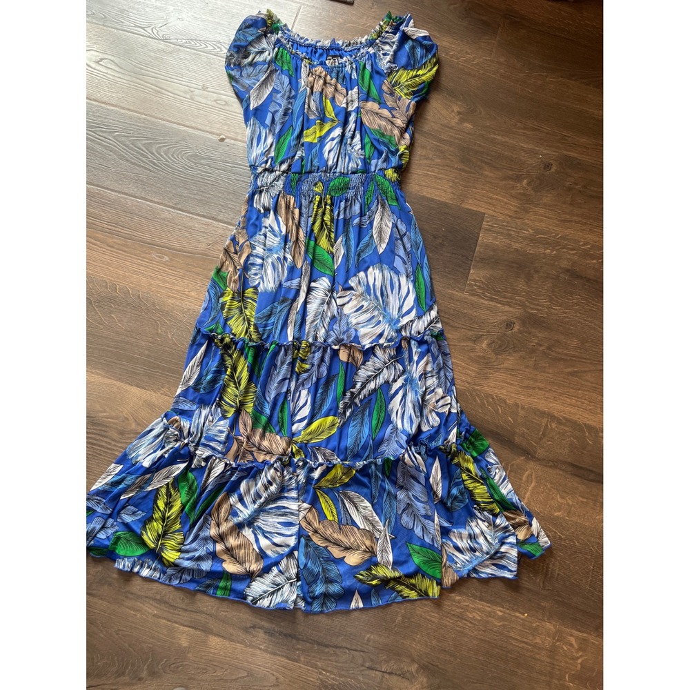 Kate and Lily Petite Blue Tropical Leaf Print Smocked Tiered Maxi Dress 12 petit